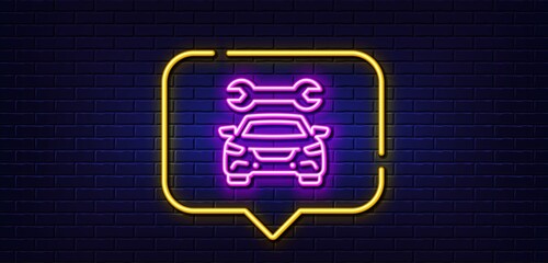 Wall Mural - Neon light speech bubble. Car service line icon. Auto repair sign. Garage service symbol. Neon light background. Car glow line. Brick wall banner. Vector