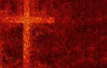 A Cross Shines Through A Rough, Distressed Texture In A Golden Red Orange With Black, With Copy Space Ready For Text
