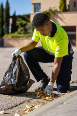 A street cleaner picking up dry leaves from the street by hand and placing them in a garbage bag