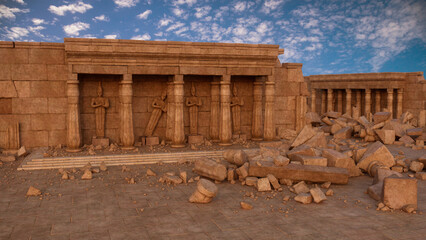 Poster - Ancient Egyptian temple ruins with sandstone rubble on the ground. 3D rendering.