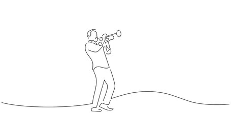 Wall Mural - Trumpet player in line art animation. Video footage of musician playing music. Black linear video on white background. Animated gif illustration design.