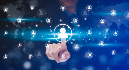 Poster - Businessman touch HR Human ,people icon on the graph Screen of a media screen, Technology Process System Business with Recruitment, Hiring, Team Building. Organisation structure concept.