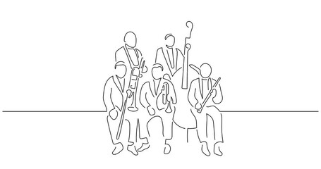 Wall Mural - Jazz band in line art animation. Video footage of a group of jazz musicians. Black linear video on white background. Animated gif illustration design.