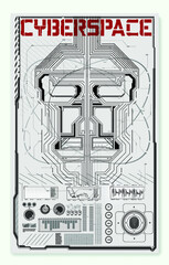 Poster - Collection of modern abstract posters. In acid style. Retro futuristic design elements, perspective grid, tunnel, circle. Black and white retro cyberpunk style. Futuristic info boxes layout templates.