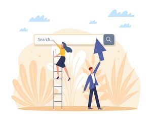 Poster - Search engine. Blank internet searching field. man holds arrow, girl on ladder, internet service, online finding information, browser page template, vector cartoon flat isolated concept
