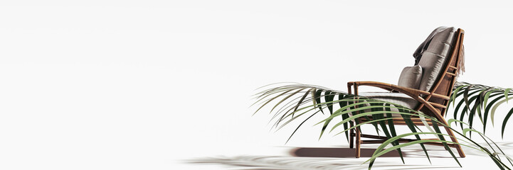 Wall Mural - Bamboo armchair with palm leaves on white background 3D Rendering, 3D Illustration