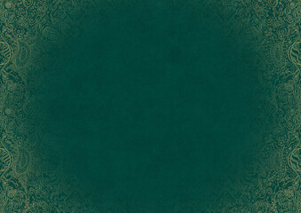 Dark cold green textured paper with vignette of golden hand-drawn pattern. Copy space. Digital artwork, A4. (pattern: p04b)