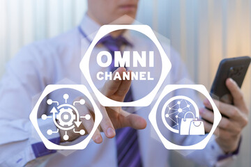 Poster - omni channel and m-banking concept. multichannel marketing. omnichannel marketing strategy. cross-ch