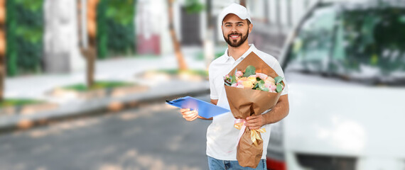 Delivery man with bouquet of beautiful flowers near car outdoors