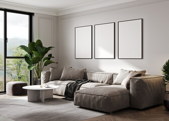 Empty poster frames on beige wall in living room interior with modern furniture and plant, gray sofa and cozy pillows, 3d render