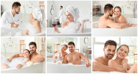 Wall Mural - Collage with young couple taking bath