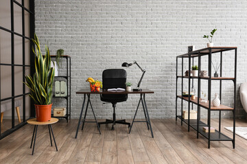 Interior of modern office with fruit basket on table