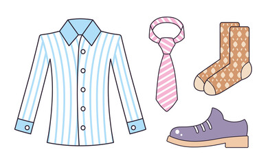 Wall Mural - White blue fashionable formal dress shirt, pink striped tie, pair of brown socks, black classic elegant shoe for men, luxury business clothing and accessories isolated cartoon vector icons set.