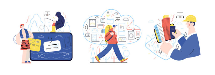 Technology Memphis illustrations -modern flat vector concept digital illustration on Physhing, Internet of Things, Augmented Reality. Creative landing web page set