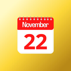 Day 22 of november month with red calendar design and yellow background with 3d shadow