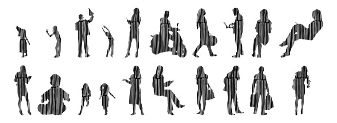 Vector silhouettes, Outline silhouettes of people, Contour drawing, people silhouette, Icon Set Isolated, Silhouette of sitting people, Architectural set	
