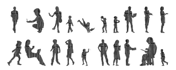 Vector silhouettes, Outline silhouettes of people, Contour drawing, people silhouette, Icon Set Isolated, Silhouette of sitting people, Architectural set	