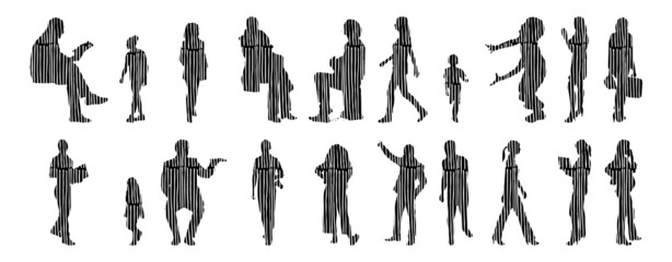 Vector silhouettes, Outline silhouettes of people, Contour drawing, people silhouette, Icon Set Isolated, Silhouette of sitting people, Architectural set	
