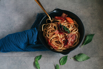 Wall Mural - Spaghetti With Dried Chili And Bacon. Hot chili and vegetables. top view