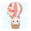 Mały rudy kotek i balon ozdobiony kwiatami na tle nieba. Ręcznie rysowana ilustracja. Słodki zabawny zwierzak.
