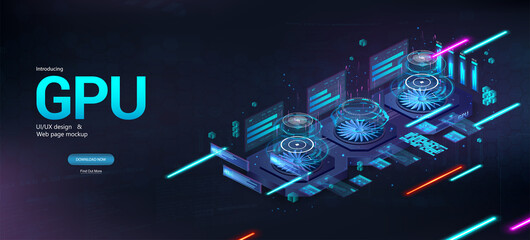 Aufkleber - Video Graphics Card - GPU for mining cryptocurrency or gaming. Video card with two cooling coolers, and a futuristic interface HUD. Mining crypto currency, gaming, ray tracing, rendering. GPU Vector