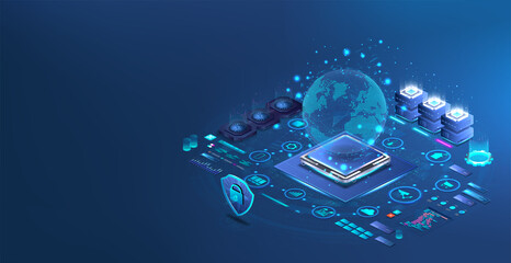 Poster - Modern Worldwide Network Technology. Earth Globe hologram and internet connection. Remote control around the world - IoT, blockchain, social media, blockchain networks. Telecommunication Earth Globe