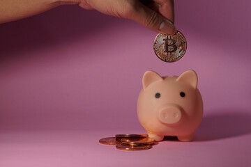 Hand of man drops metal bitcoin coin into piggy bank. Business and Finance.