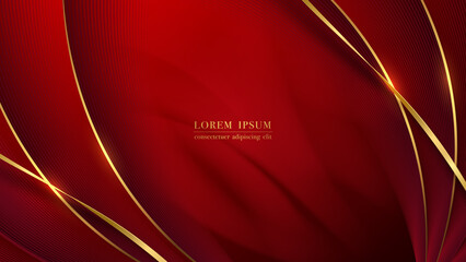 Wall Mural - Abstract red background with luxury golden curve line and gold ribbon