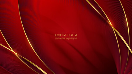 Poster - Abstract red background with luxury golden curve line and gold ribbon