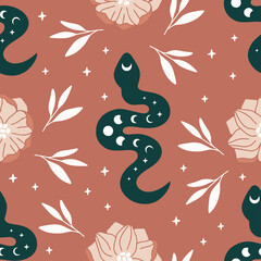 Wall Mural - Vector seamless pattern with boho snake. Print with magic serpent, moon phase, flowers and stars. Mystical esoteric background for digital paper, fabric design, phone case, wrapping, cover.