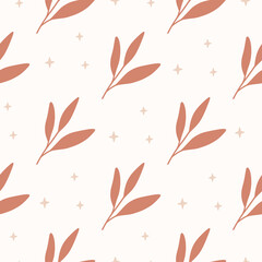 Wall Mural - Floral vector seamless pattern. Branch and star on beige background. Modern boho drawing. Botanical fabric print, digital paper, textile design, apparel, cover, scrapbooking.