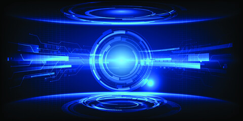 Wall Mural - Vector illustrations of Futuristic blue digital technology stage for showcase with digital environment and round neon pedestal for advertising and game graphic artwork.Future digital concept.