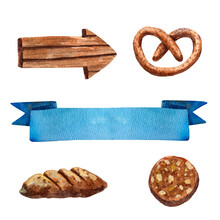 Watercolor Set Of Bakery Items. Blue Ribbon Banner And Wooden Road Pointer. Bun And Cookies. Pretzel And Other Fresh Biscuits. Traditional European Meal. Bakery Banner. 