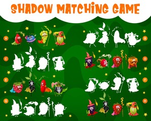 Poster - Shadow match game. Cartoon berry wizard, mage and fairy characters. Kindergarten children intelligence puzzle or riddle with find shadow task, child quiz game vector page with cheerful sorcerers