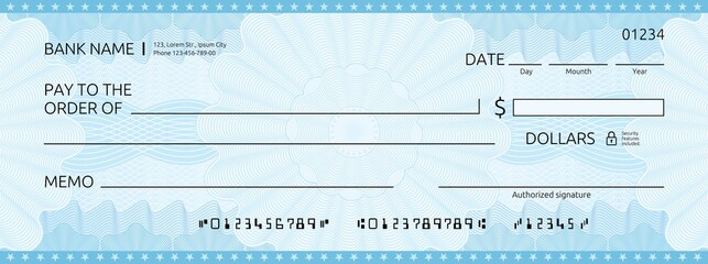 Wall Mural - blank bank check, checkbook cheque template with blue guilloche, vector mockup. money payment bank c