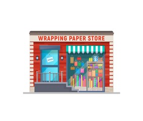 Poster - Wrapping paper store shop building storefront. City street building, commercial property or flat vector shop showcase with canopy, paper packets in window and open sign on door