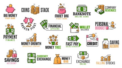 Poster - Money, cash, coins, savings, exchange and payment icons, vector dollar currency symbols. Bank finance and money business signs of credit card, money bag or piggy bank and financial payments