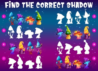 Aufkleber - Find the correct shadow of magic mushrooms. Kids matching game vector worksheet with fantasy fungi, children logic educational activity maze. Cartoon riddle for mind development, shade search task