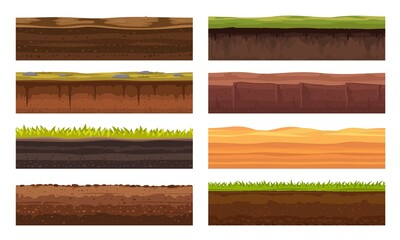 Poster - Soil ground or underground layers, grass, land and earth texture, vector seamless game level. Cartoon game landscape of soil ground and underground layers of sand hills, desert sand and stone surface