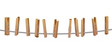 Clothespins, Pegs On Laundry Rope, Clothesline String With Hanging Clips, Vector. Clothespins And Clothes Pegs On Laundry Rope Line, Wooden Clamp Pins On Cord On Empty White Background