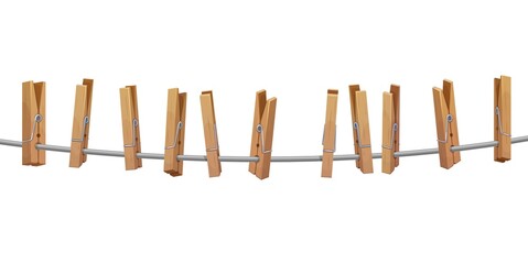 Clothespins, pegs on laundry rope, clothesline string with hanging clips, vector. Clothespins and clothes pegs on laundry rope line, wooden clamp pins on cord on empty white background