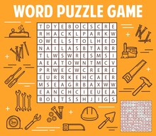 DIY And Construction Tools Word Search Puzzle Game Worksheet. Child Quiz Grid, Logical Puzzle Or Children Game With Thin Line Vector Construction Equipment. Finding Words Kids Educational Riddle