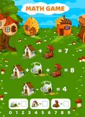 Poster - Cartoon fairytale houses on math game worksheet. Education maze with addition and subtraction task, preschool kids riddle or children maze with fairy tree, hive and acorn, boot, teapot dwellings