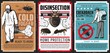 © Vector Tradition - Pest control vector retro posters, cockroach control, home protection of insects, cold fogging method. Worker exterminator in chemical protective suit and mask spraying insecticide, flea, bug and ant