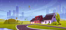 Storm With Wind And Rain In Suburb District With Houses. Vector Cartoon Illustration Of Summer Landscape Of Suburban Street With Cottages, Bushes, Puddles And Flying Leaves In Rainy Weather