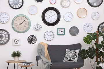 Wall Mural - Comfortable furniture, beautiful houseplant and collection of different clocks on white wall in room