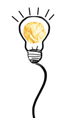 Wall Mural - Yellow crumpled paper ball and drawn lamp bulb on white background