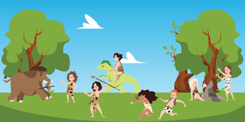 Stone age kids running and hunting mammoth with spear, nature landscape, flat vector illustration.