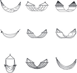 Hammocks for relaxing, swinging, sleeping, resting on beach icon outline collection set