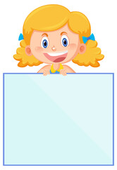 Wall Mural - Cute girl holding blank board in cartoon style